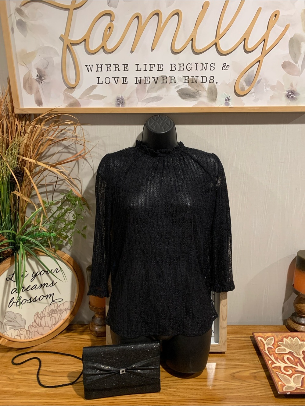 Modcloth Black Sheer Ruffle-Neck Long Sleeve Blouse